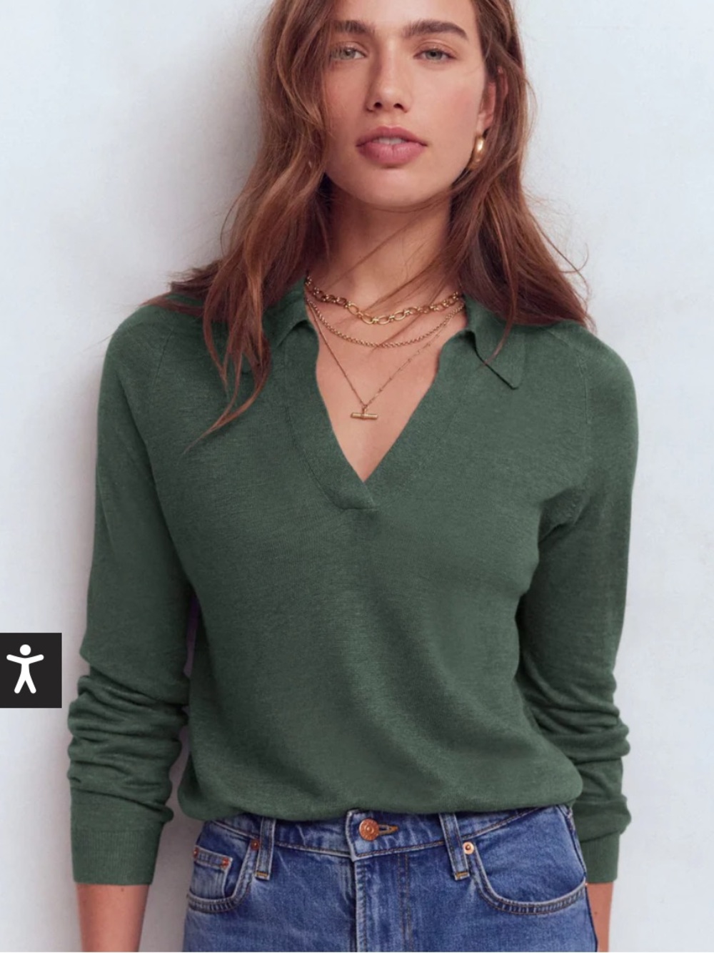 Boden Agnes Collared Linen Jumper V Neck Sweater Green Jasper Sz Large